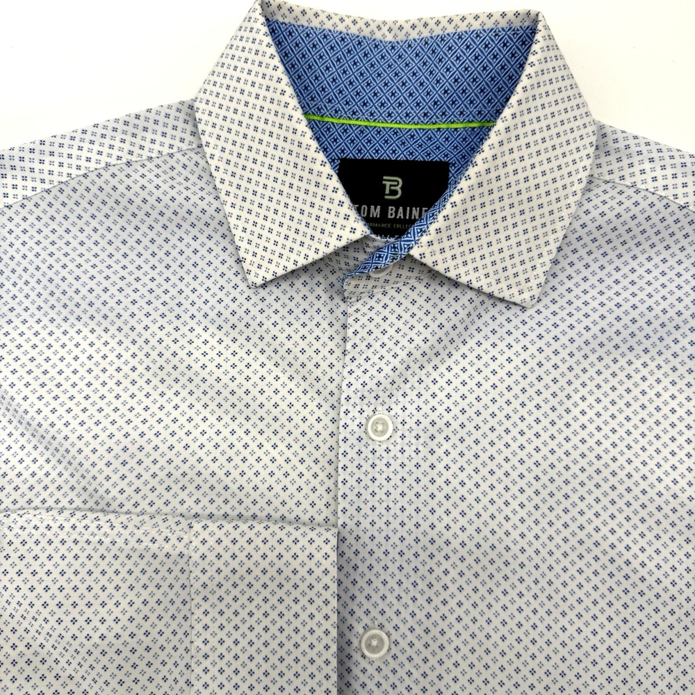 Tom Baine Dress Shirt Mens S White Blue Performance Slim Fit Geometric Stretch